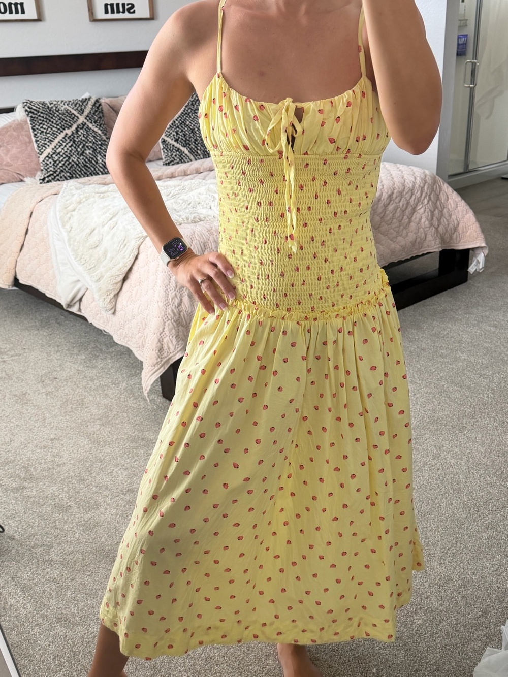 Free People Smocked Midi Dress in Yellow with Strawberry Print XS